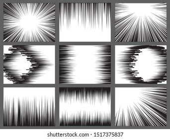 Black white comic book speed lines, explosion effect. Abstract vector radial zoom speed light, motion backgrounds set. Manga speed frames.