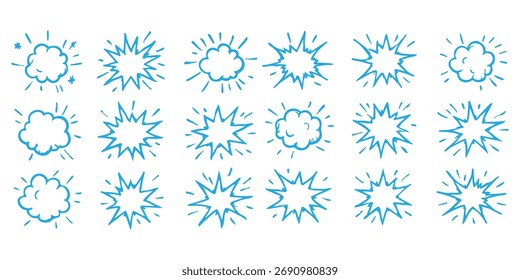 Elemento gráfico de estilo de cómic en blanco y negro, que incluye explosiones, viento, estrellas y rayos. Ilustración vectorial