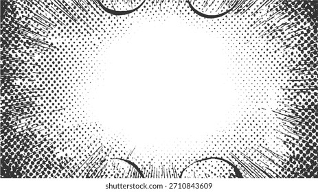 Black and white comic book style explosion burst with halftone dots and radiating lines.