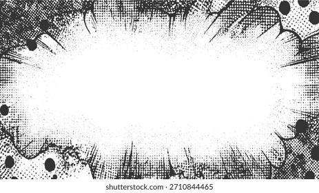 Marco de estilo de cómic en blanco y negro con efecto de explosión, puntos de semitono y salpicaduras de tinta.