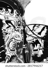 Black and white comic book style illustration of a roaring cybernetic ape facing an enraged wild monkey with speech bubble vector.