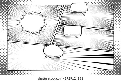 Hintergrundvorlage für Comic-Zeichentrickfenster mit Halbtoneffekt in Schwarz und Weiß.