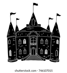 Black and White Comic Drawing of Ancient Castle. Silhouette of the Medieval Knight House. Tower in a Flat Style. Vector Illustration