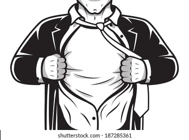 Black And White Comic Male Super Hero In Costume And Tie Opening Shirt Print Template Vector Illustration