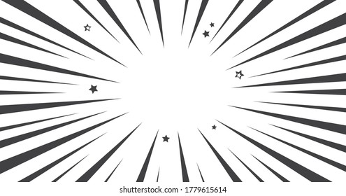 Black and white comic pop art abstract halftone background with sunbeams, stars, space for your text. Vector illustration