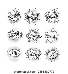 Black and white comic speech bubbles with text, isolated on a white background. Ideal for pop art, retro comic designs, and graphic illustrations. 
