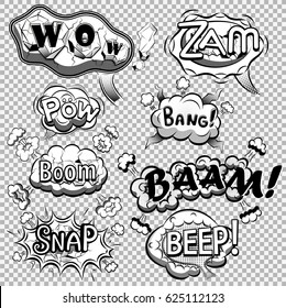 Black and white comic speech bubbles on transparent background vector