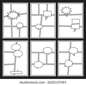 Black and white comic strip template set with various chat bubbles. Ideal for storytelling, illustration, graphic design, and creative comic layout projects.