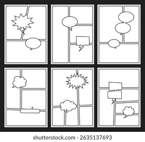 Black and white comic strip template set with various chat bubbles. Ideal for storytelling, illustration, graphic design, and creative comic layout projects.