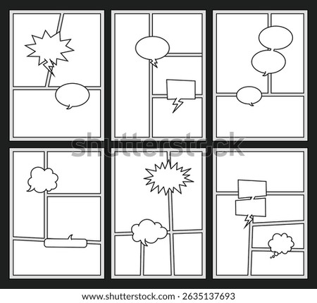 Black and white comic strip template set with various chat bubbles. Ideal for storytelling, illustration, graphic design, and creative comic layout projects.
