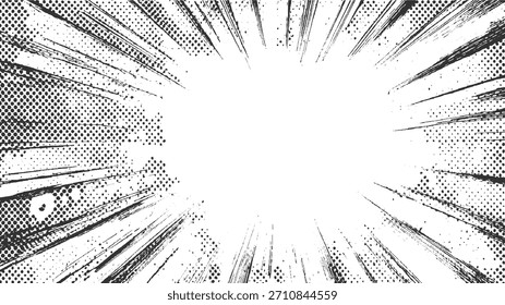 Fondo de estilo cómico en blanco y negro con líneas de velocidad radiales y puntos de semitono.