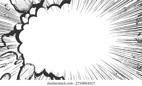 Burbuja de explosión de estilo cómico en blanco y negro con líneas radiales y puntos de semitono.