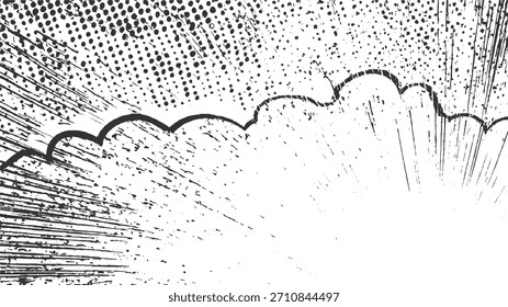 Explosión de estilo cómico en blanco y negro con puntos semitonos y líneas radiales.