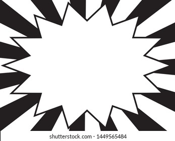 black and white comic style frame. consists of one white pointy bubble surrounded by thick black and white radial stripes. 