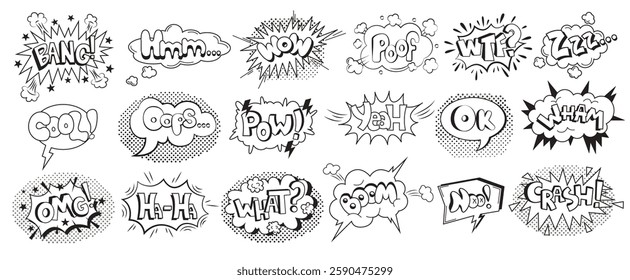 Black and white comic style speech bubbles featuring various sound effects and expressions. Includes words like bang, wow, cool illustrated in dynamic fonts.