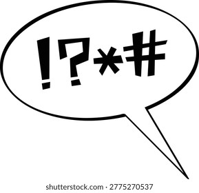 Black and white comic style speech bubble featuring punctuation marks like exclamation points and asterisks to represent censored profanity. The minimalist line art communicates intense anger, frustration, and swearing. Ideal for graphic novels, editorial cartoons, and digital communication platforms.