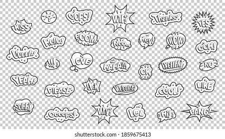 Black white comic style stickers. Slogans on a transparent background.