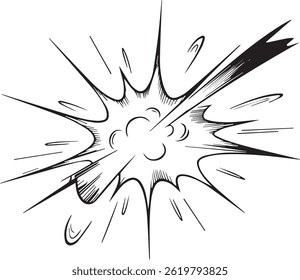 Black and white comic-style explosion vector illustration with dynamic burst lines, perfect for action scenes, pop art designs, or retro graphic effects.
