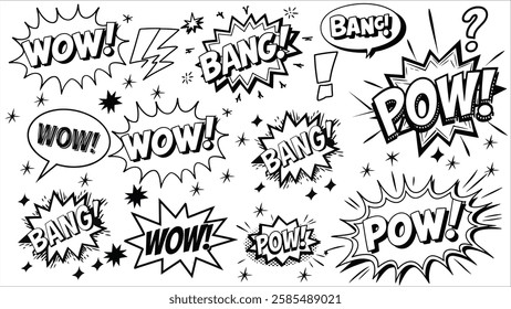 A black and white comic-style illustration featuring action words like "WOW!", "BANG!", and "POW!" with explosive visual effects.