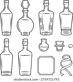 Black and white of common laboratory glassware and equipment including flasks beakers test tubes and a condenser drawn in simple clean lines laboratory glassware, flask, beaker.