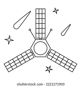 Black and white communication satellite in space Science discovery themed vector illustration for icon, emblem, poster, site or article decoration
