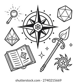 Black and white of compass, crystals, book, wand, and sun symbol.eps
