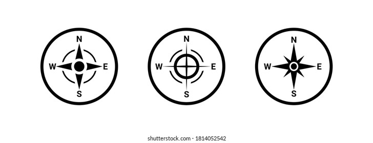 Black and white compass direction icon. North arrow symbol set.