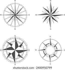 brújula en blanco y negro, conjunto de iconos de la brújula	