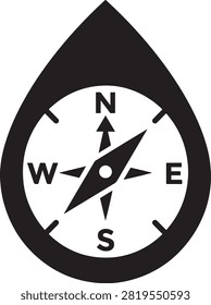 A black and white of a compass inside a water droplet shape, representing navigation, travel, and exploration in the outdoors