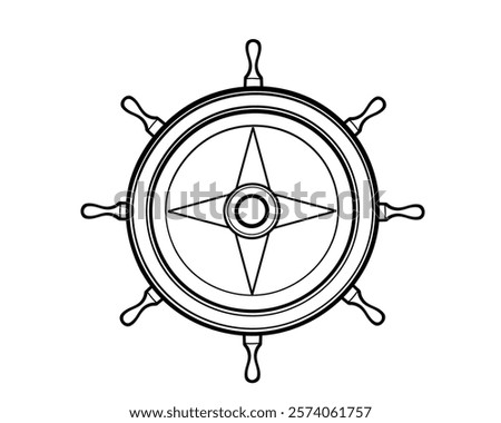 Black and white Compass integrated into a ship wheel, with detailed directional markings. Great for adventure, navigation, or nautical branding. Vector illustration