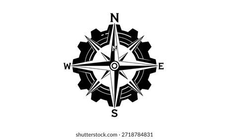 Um design de rosa de bússola preto e branco integrado com uma engrenagem, simbolizando direção e indústria.