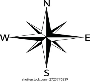 Schwarz-weiße Kompass-Rose, Symbolgrafik mit Nord-Süd-West-Navigation, Symbol einzeln auf weißem Hintergrund