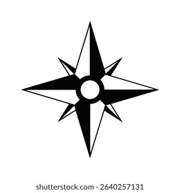 A black and white compass rose graphic, showing directional points.