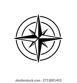 Black and white compass rose icon representing navigation, direction, travel, and exploration