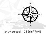 Black and white compass rose illustration with directional markers over a faint world map, ideal for navigation and travel themes