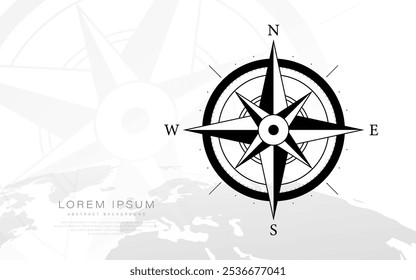 Black and white compass rose illustration with directional markers over a faint world map, ideal for navigation and travel themes