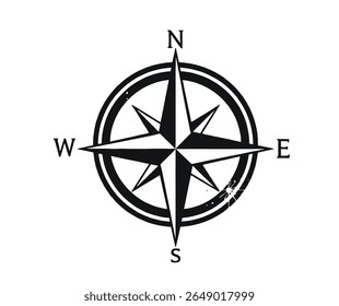 A black and white compass rose illustration with double circle and directional lettering on a white background.