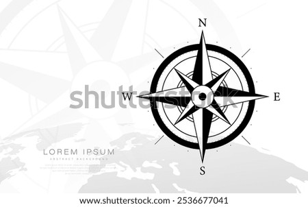 Black and white compass rose illustration with directional markers over a faint world map, ideal for navigation and travel themes