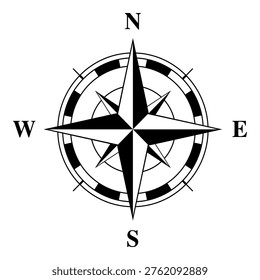 Black and white compass rose symbol vector illustration showing four cardinal directions (North, South, East, West). Clean nautical navigation design isolated on white background.
