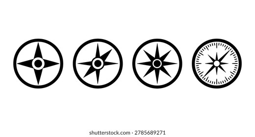 Black and white compass rose symbols navigation direction in white background
