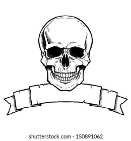 Black and white complete human skull with a ribbon banner.