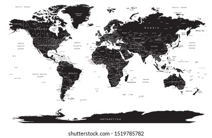 black and white complete world map with all countries, cities, national borders, seas, continents