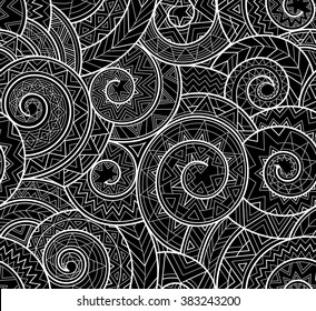 Black and white complex geometric pattern with spirals, lines, triangles in the style of a primitive tribe, vector