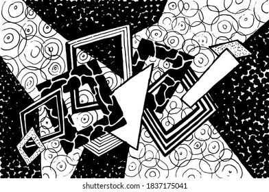 Black and white composition. Abstract background. Hand drawn various shapes and doodle   objects. Vector illustrations.
