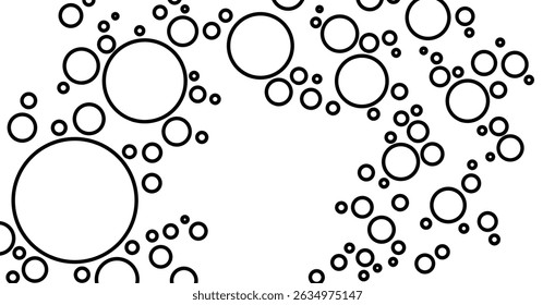 Composição em preto-e-branco com círculos de tamanhos diferentes. Minimalismo na execução gráfica. Padrão geométrico clássico: círculos vazios de diferentes tamanhos sobre um fundo branco