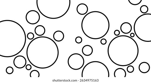 Composición en blanco y negro con círculos de diferentes tamaños. Minimalismo en la ejecución gráfica. Patrón geométrico clásico: círculos vacíos de diferentes tamaños sobre un fondo blanco