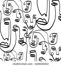 Black and white composition with cubism face drawing. Abstract contemporary background. Modern portrait of a woman or man. One line continuous. 