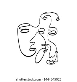 Black and white composition with cubism face drawing. Abstract contemporary background. Modern portrait of a woman or man. One line continuous. 