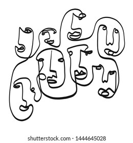 Black and white composition with cubism face drawing. Abstract contemporary background. Modern portrait of a woman or man. One line continuous. 