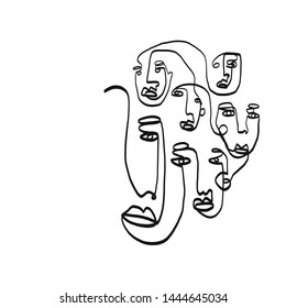 Black and white composition with cubism face drawing. Abstract contemporary background. Modern portrait of a woman or man. One line continuous. 